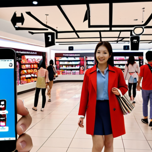 **

A bustling augmented reality retail scene in a modern Malaysian shopping mall. Shoppers are guided by AR arrows overlaid on their smartphone screens, leading them to specific products. In the background, digital displays show personalized promotions based on shopper location. The scene should capture the excitement and convenience of AR-enhanced shopping. Focus on bright colors and a clean, futuristic aesthetic.

**
