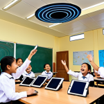 **

A vibrant classroom scene. Students are excitedly using tablets to view AR projections of the solar system floating in the air around them. The teacher is smiling and guiding them. Focus on the wonder and engagement of the students. The classroom should look modern and well-equipped. Consider incorporating elements of Malaysian culture into the classroom design.

**