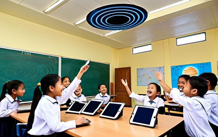 **
A vibrant classroom scene. Students are excitedly using tablets to view AR projections of the solar system floating in the air around them. The teacher is smiling and guiding them. Focus on the wonder and engagement of the students. The classroom should look modern and well-equipped. Consider incorporating elements of Malaysian culture into the classroom design.
**