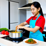 A professional, young adult Malaysian woman in a modest, fully clothed kitchen apron and casual top, expertly stirring a traditional Malaysian 'Rendang Tok' in a pot on a modern stovetop. A transparent, futuristic augmented reality (AR) visual overlay floats above the counter, displaying step-by-step 3D cooking instructions and precise measurements for the dish. The kitchen is bright, clean, and contemporary, with subtle Malaysian design elements. Professional photography, high quality, vibrant colors, soft natural lighting, perfect anatomy, correct proportions, natural pose, well-formed hands, proper finger count, safe for work, appropriate content, family-friendly.