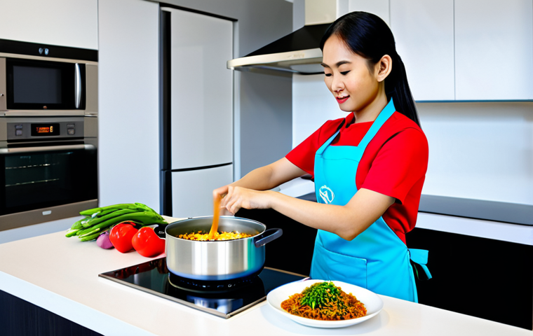 A professional, young adult Malaysian woman in a modest, fully clothed kitchen apron and casual top, expertly stirring a traditional Malaysian 'Rendang Tok' in a pot on a modern stovetop. A transparent, futuristic augmented reality (AR) visual overlay floats above the counter, displaying step-by-step 3D cooking instructions and precise measurements for the dish. The kitchen is bright, clean, and contemporary, with subtle Malaysian design elements. Professional photography, high quality, vibrant colors, soft natural lighting, perfect anatomy, correct proportions, natural pose, well-formed hands, proper finger count, safe for work, appropriate content, family-friendly.